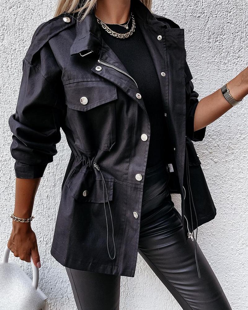 

Button Pocket Design Zip Front Drawstring Cargo Jacket, Black