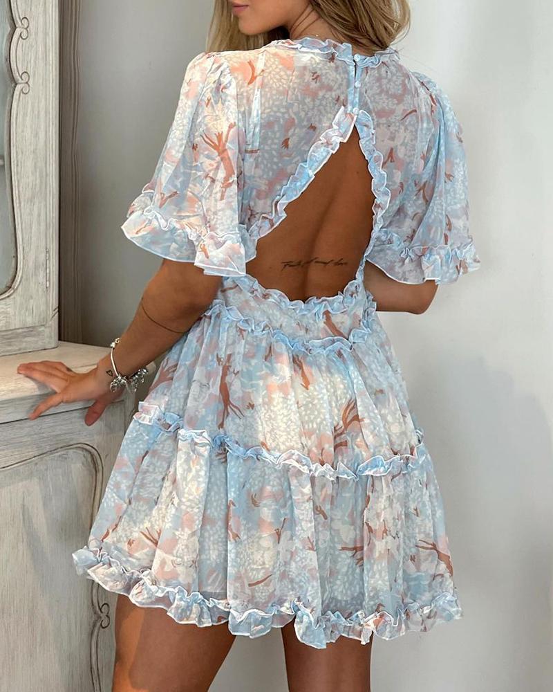 

Floral Print Frill Hem Backless Casual Women Dress, Blue
