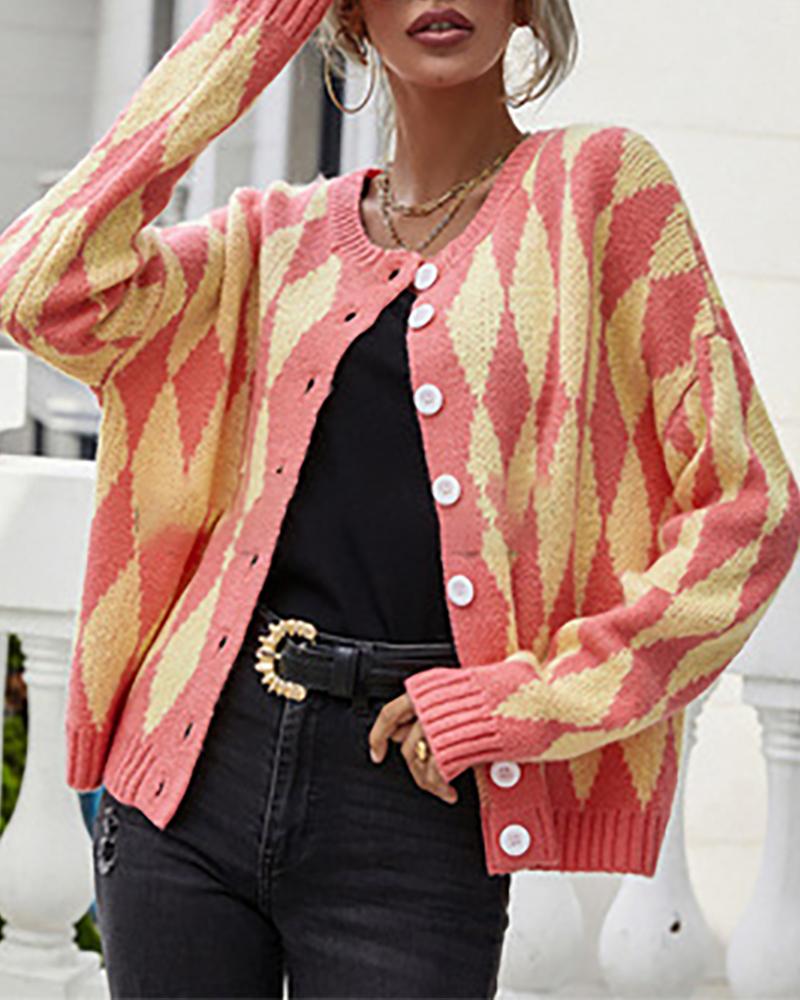 

Argyle Print Colorblock Buttoned Long Sleeve Cardigan, Red