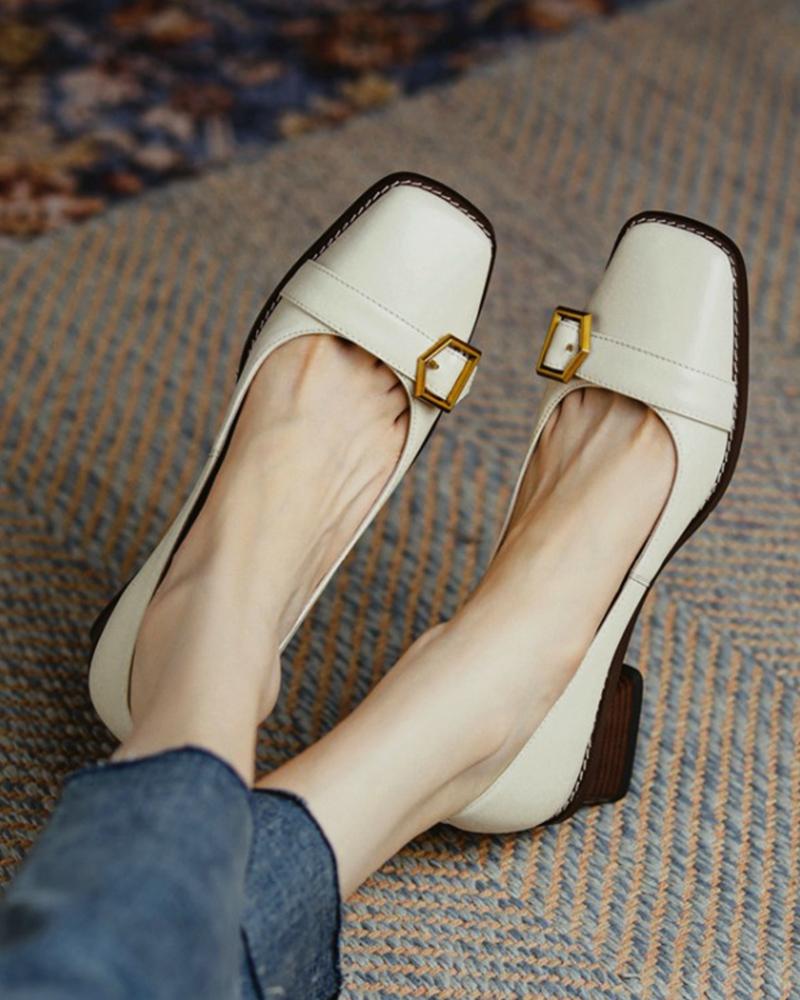 

Square Toe Buckled Chunky Heels, Beige