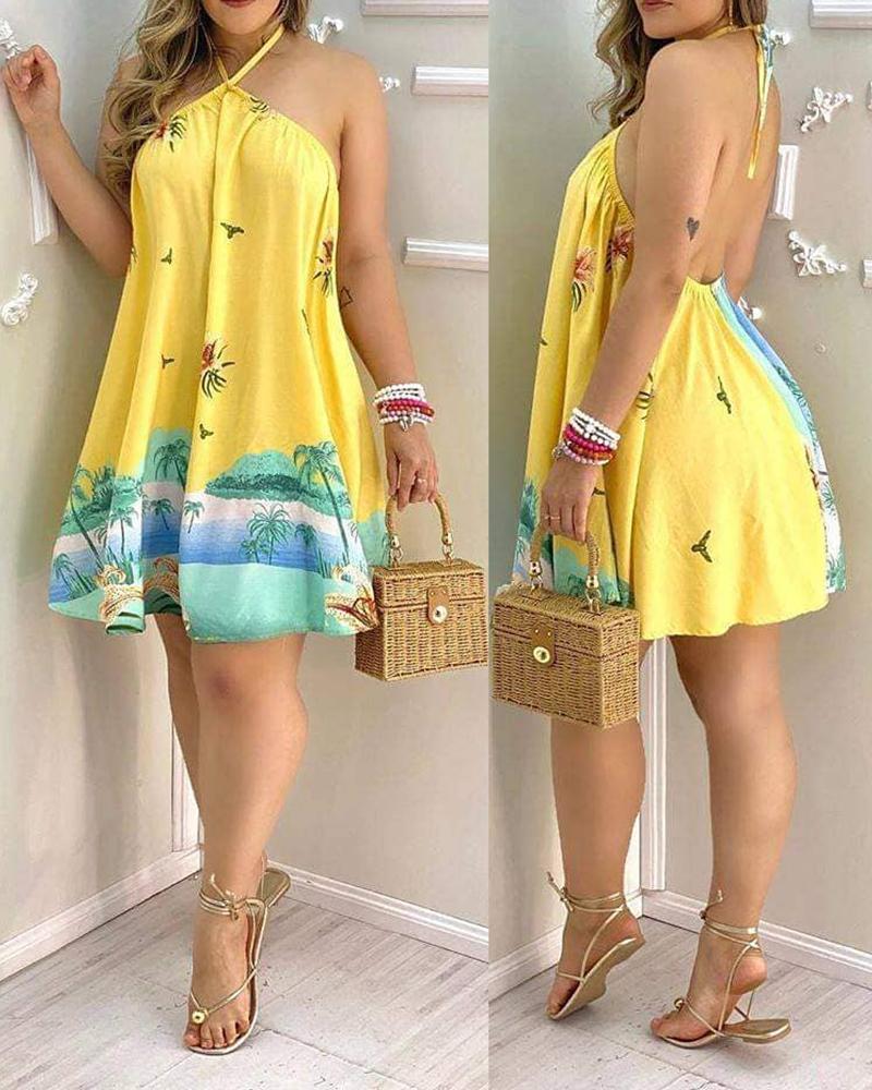 

Tropical Print Halter Backless Dress, Yellow