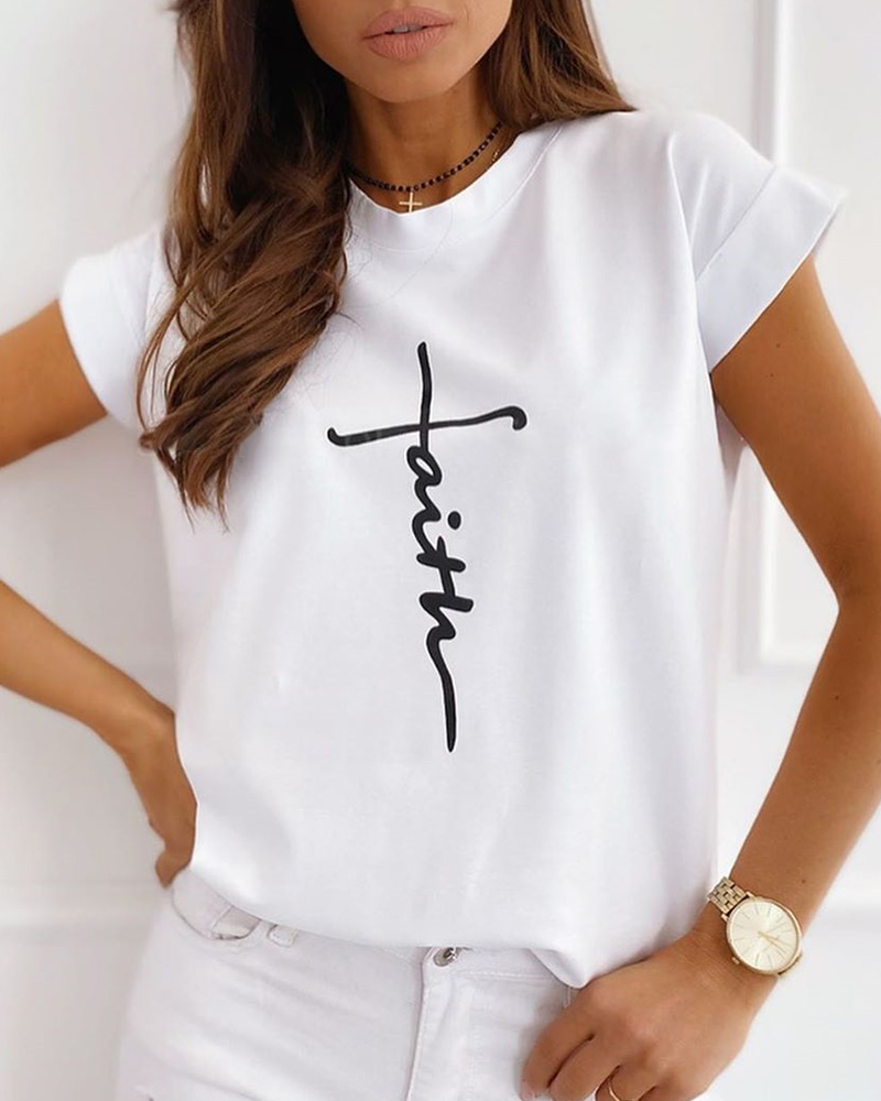 Buy Letter Print Short Sleeve Casual T-shirt. Picture