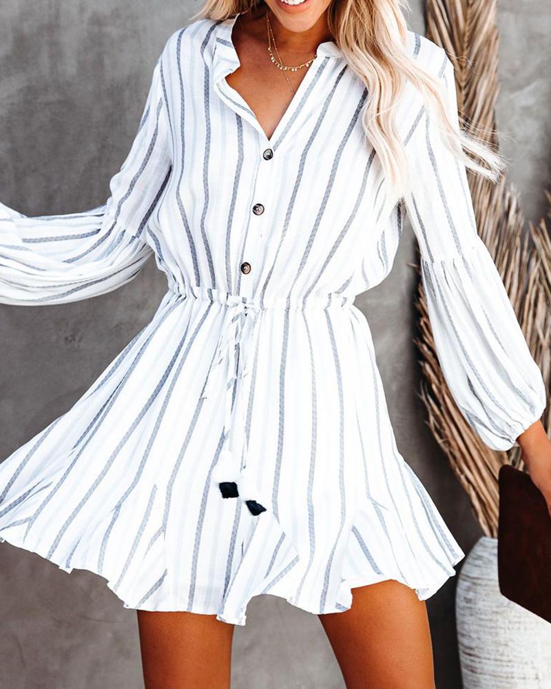 

Long Sleeve Striped Print Button Design Lantern Sleeve Shirt Dress, White