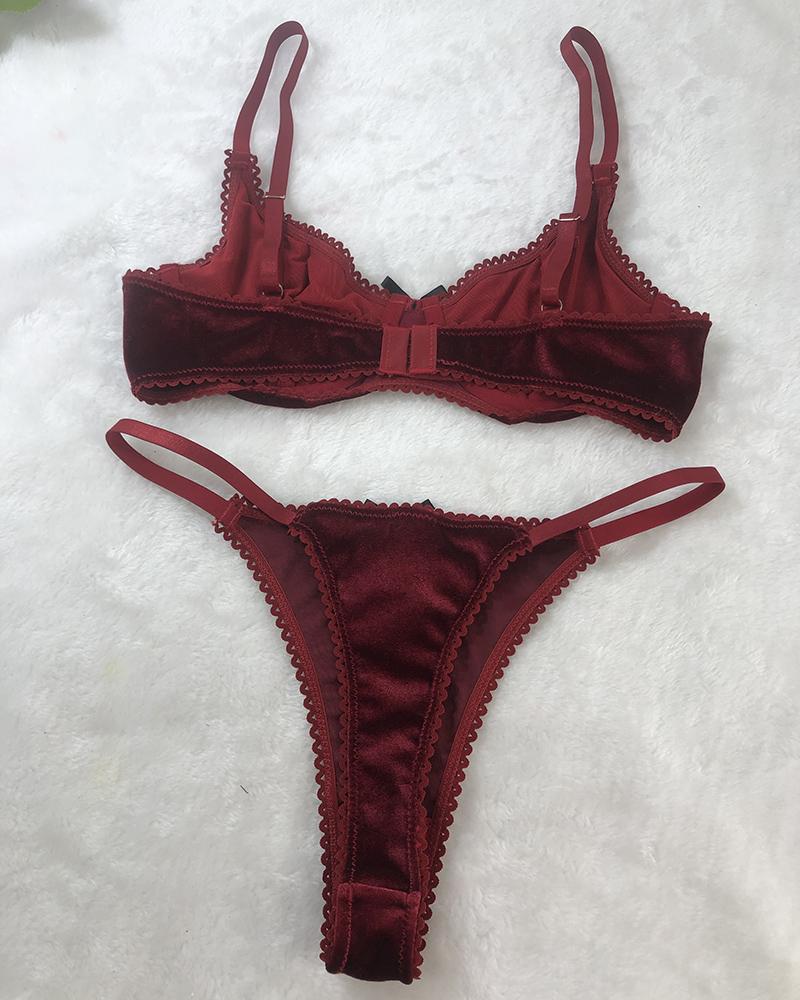 

Bowknot Decor Lace Trim Lingerie Set, Wine red