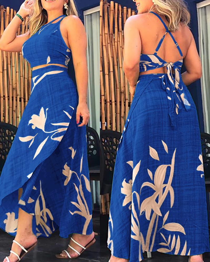 

Plants Print Crisscross Back Top & Wrap Skirt Set, Blue