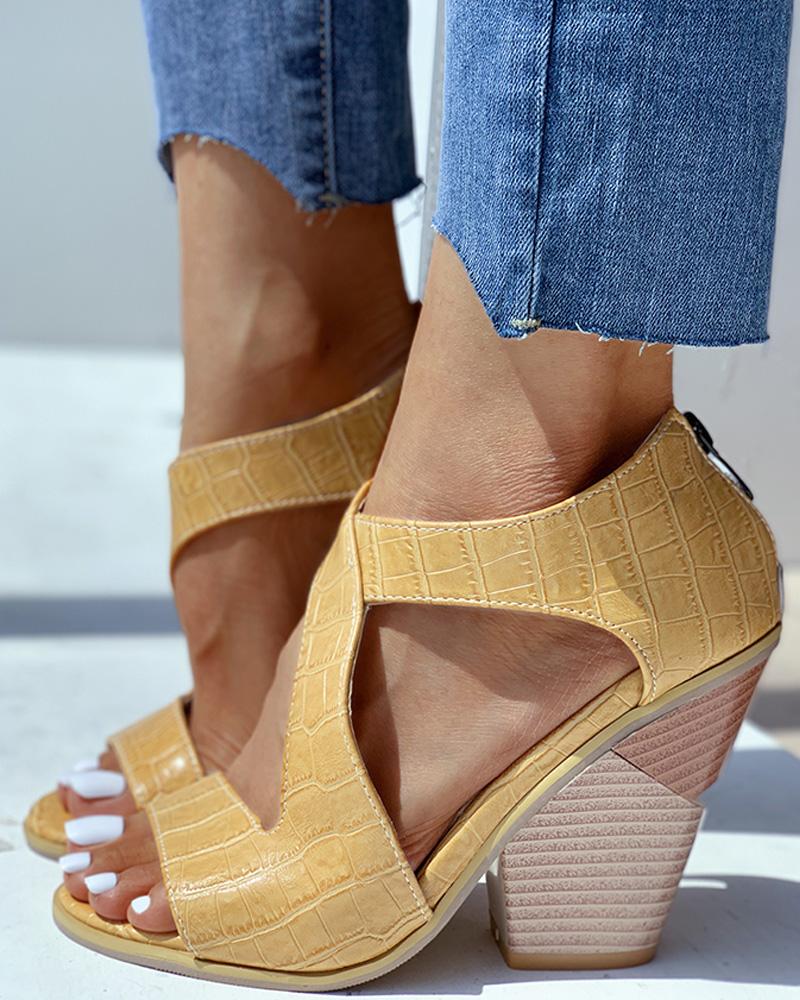 

Solid Cut Out Chunky Heeled Sandals, Yellow
