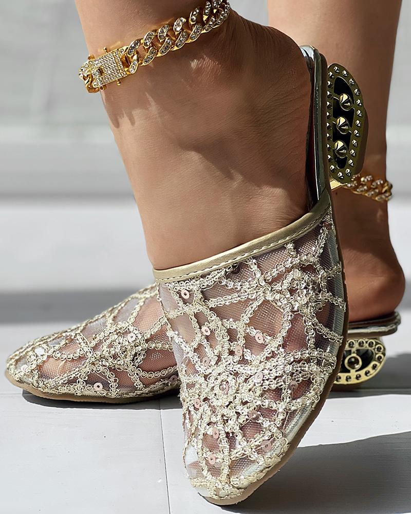 

Contrast Sequin Sheer Mesh Slipper Loafers, Gold