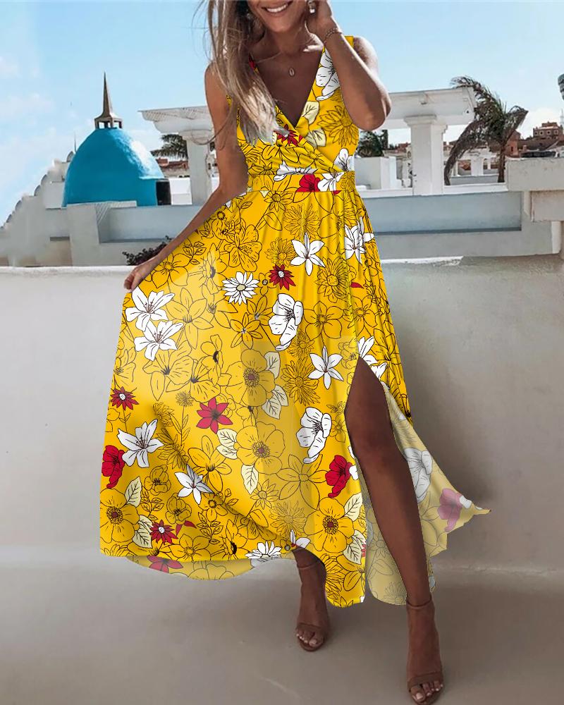 

Floral Print V Neck High Slit Long Maxi Vacational Dress, Yellow