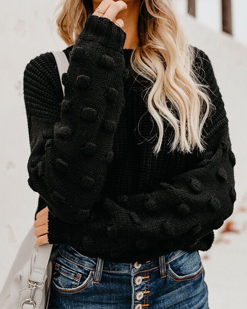 

Solid Long Sleeve Loose Knitted Cropped Sweater, Black