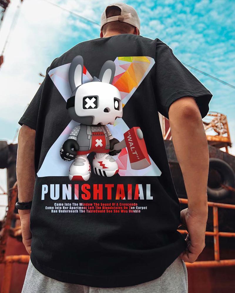 

Hip-hop Cartoon Print Short Sleeve T-shirt, Black