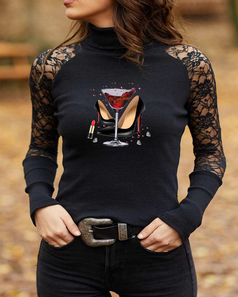 

Graphic Print Contrast Lace Long Sleeve Ribbed Top, Black