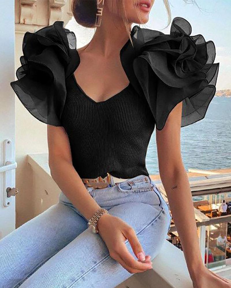 

Ribbed Layered Ruffles V Neck Blouse, Black