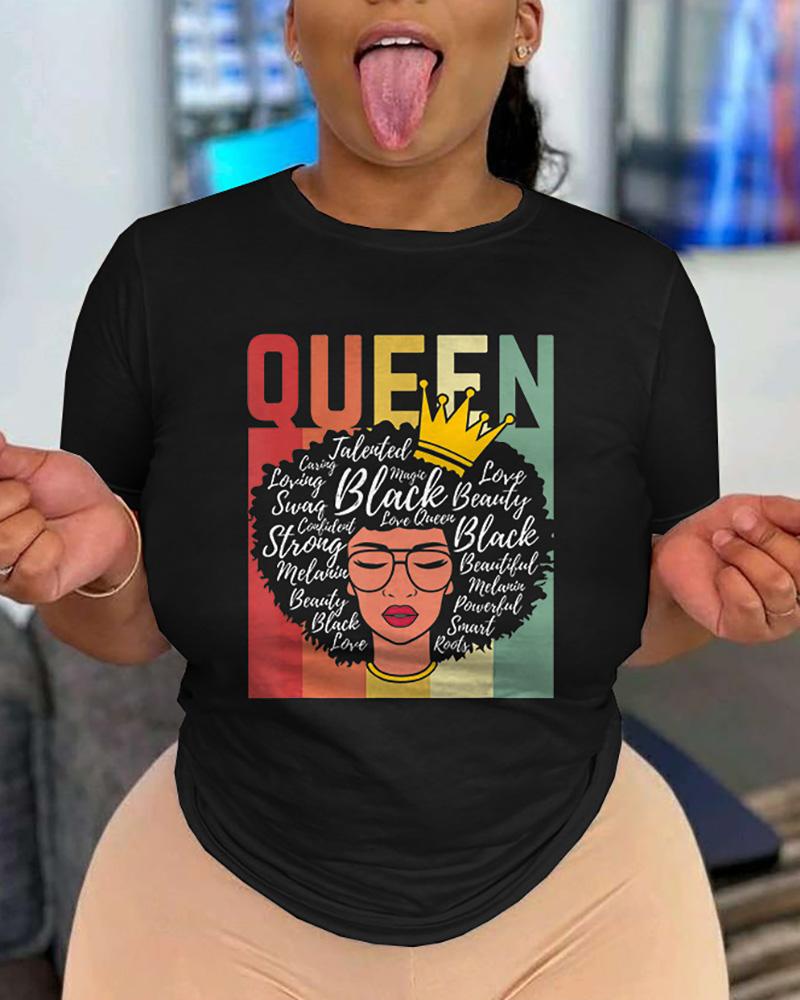 

Figure Letter Crown Print Short Sleeve T-shirt, Black