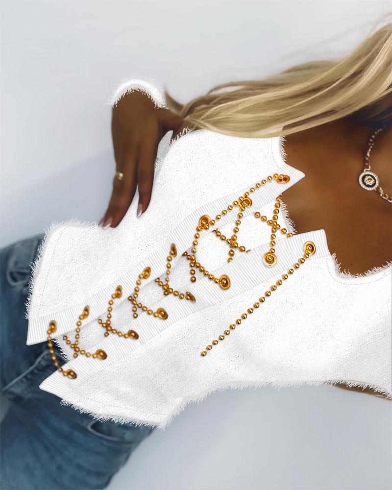 

Eyelet Chain Lace-up Asymmetrical Fuzzy Top, White
