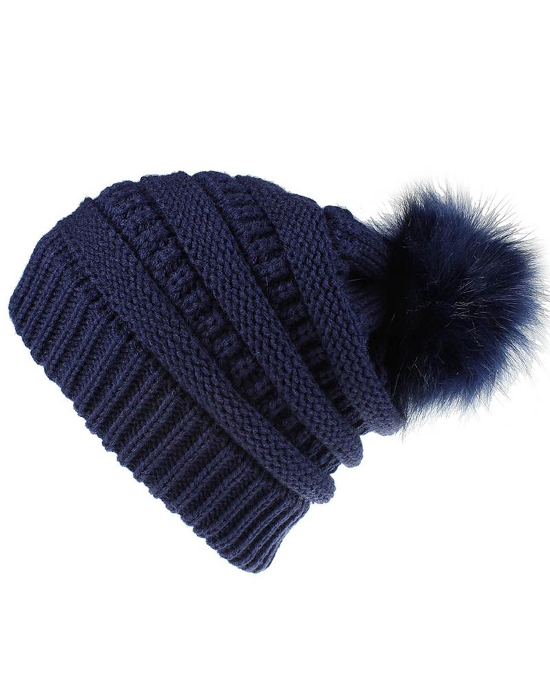 

Winter Thermal Knit Bennie Hat With Pom Pom, Purplish blue