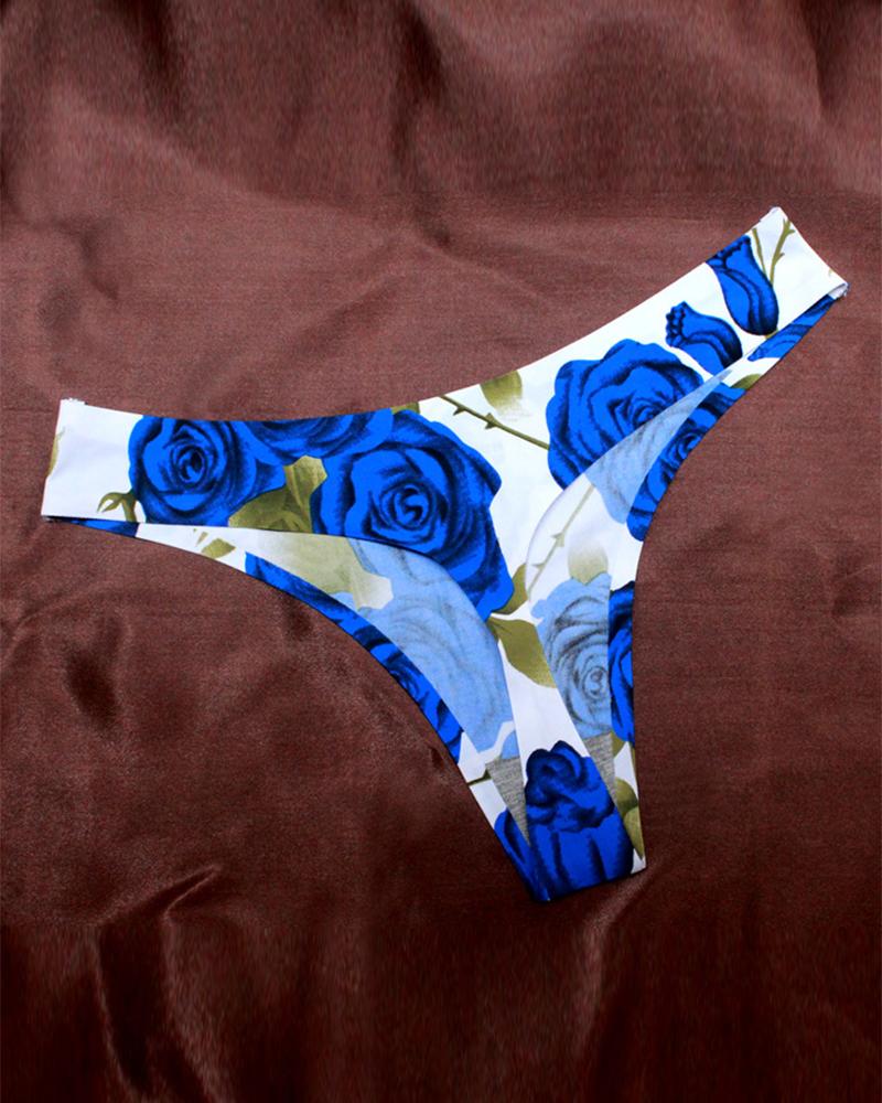 

Rose Print Low Waist Skinny Thong Panties, Blue