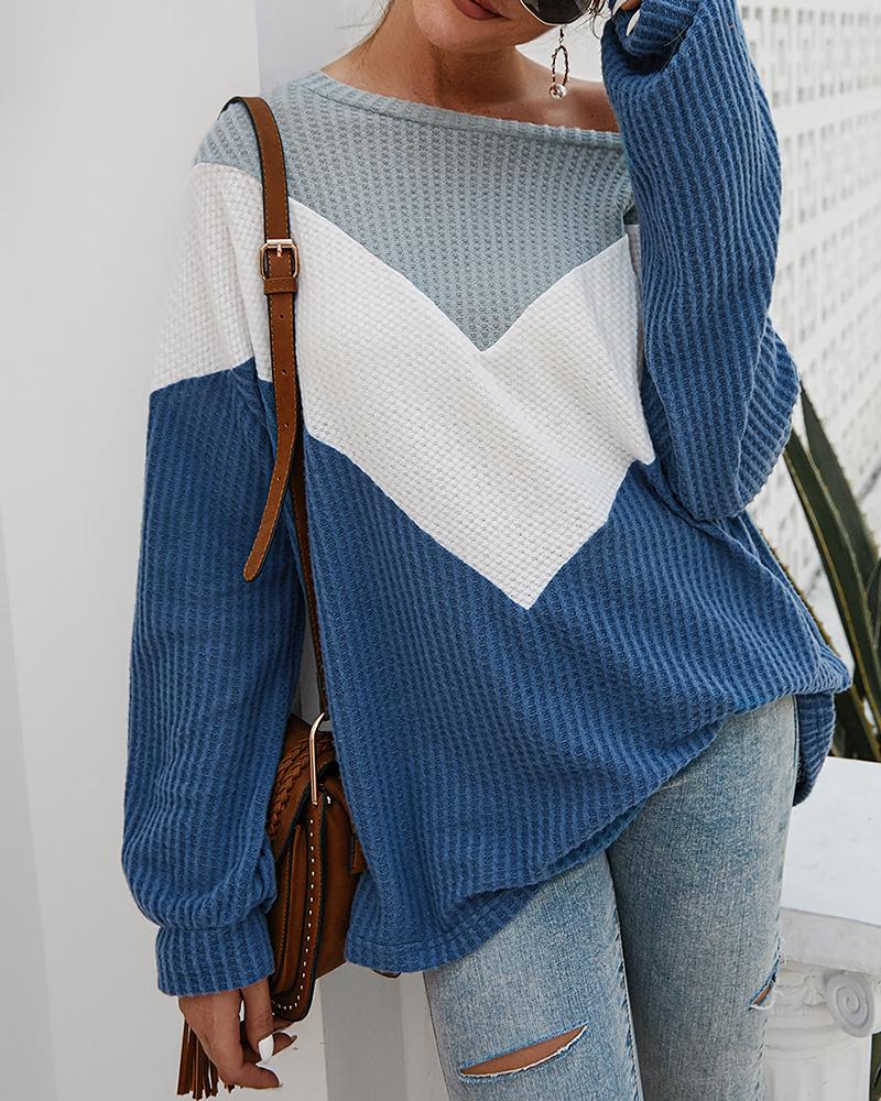 

Colorblock Long Sleeve Casual Sweater, Blue