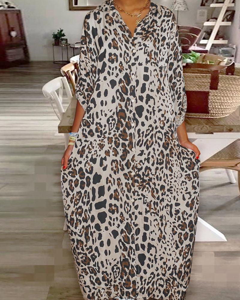 

Leopard Print Turn-down A Line Long Sleeve Front Button Shirt Dress Casual Dress