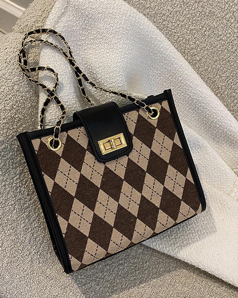 

Argyle Pattern Chain Strap Shoulder Bag, Coffee