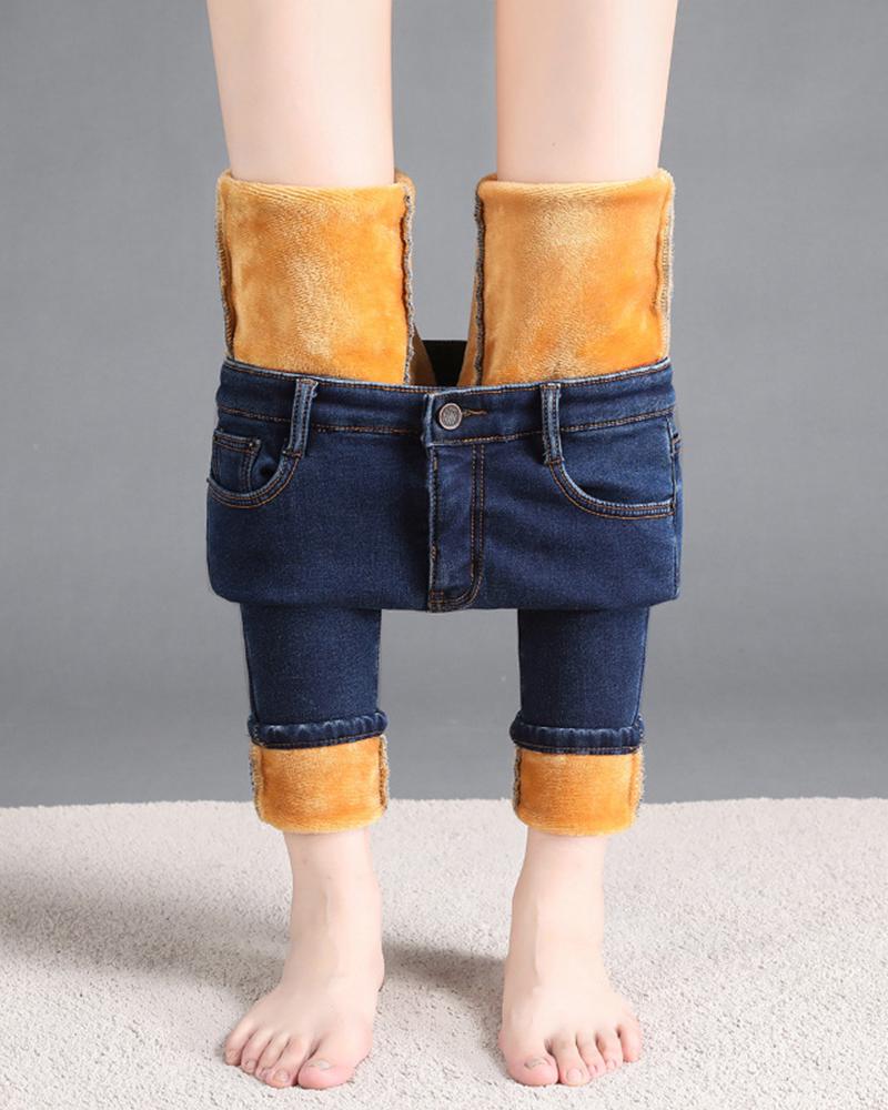 

High Waist Fleece Lined Jeans, Blue