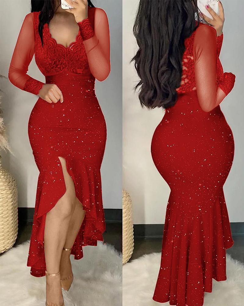 

Glitter Contrast Lace Long Sleeve Mermaid Dress, Red