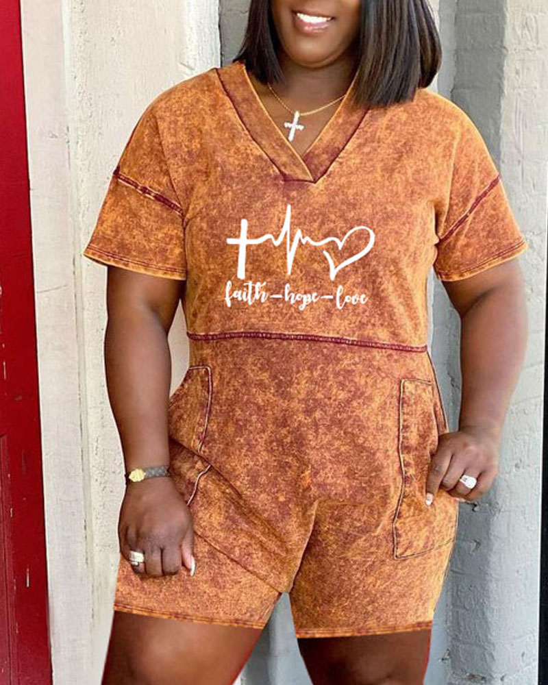 

Letter Heart Print Pocket Detail Romper, Orange