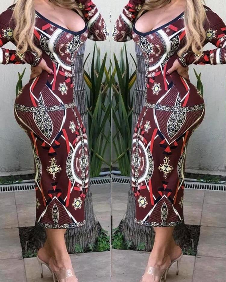 

Colorblock Geo Print Long Sleeve Dress, Wine red