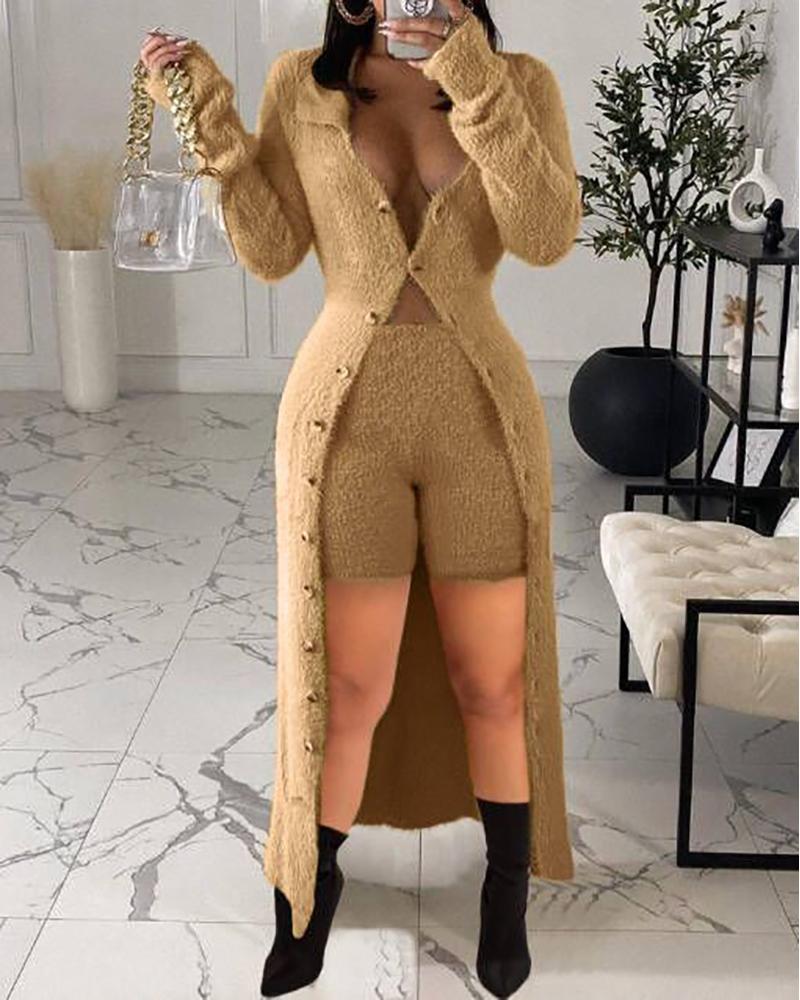

Fluffy Long Sleeve Buttoned Coat & Shorts Set, Khaki