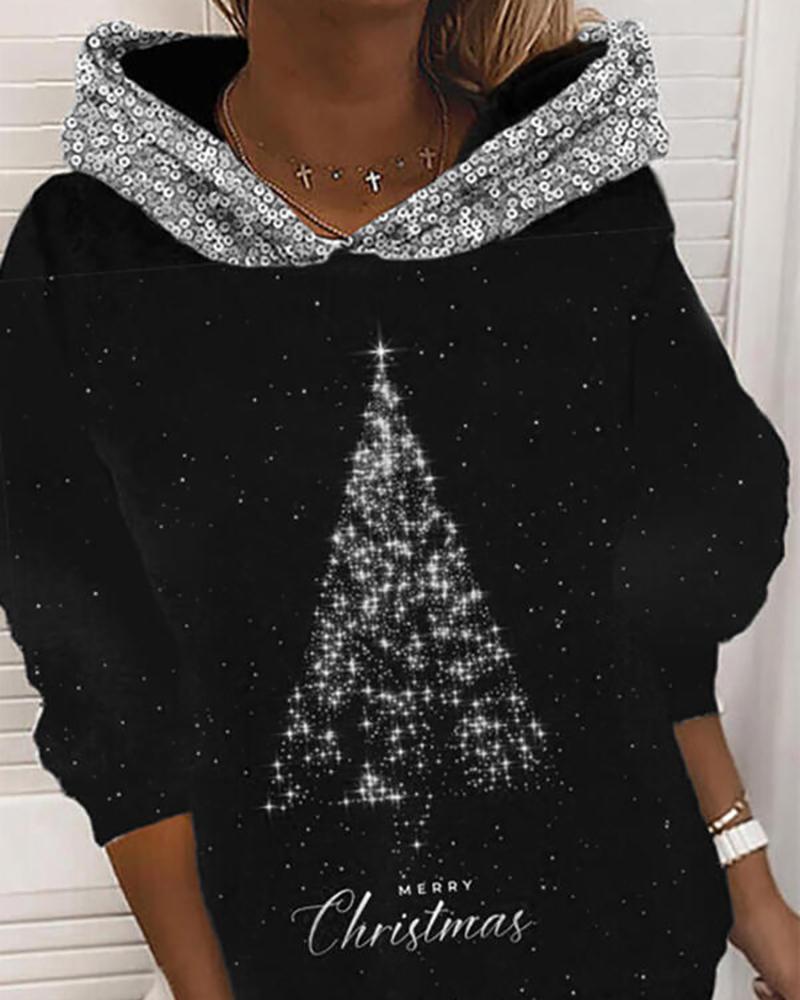 

Christmas Graphic Print Sequin Patch Hooded Top, Style4