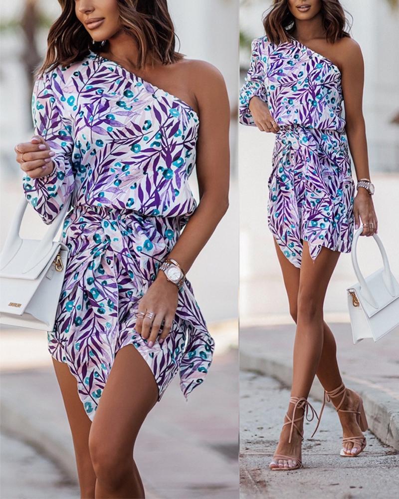 

Tied Detail One Shoulder Plants Print Casual Dress, Purple