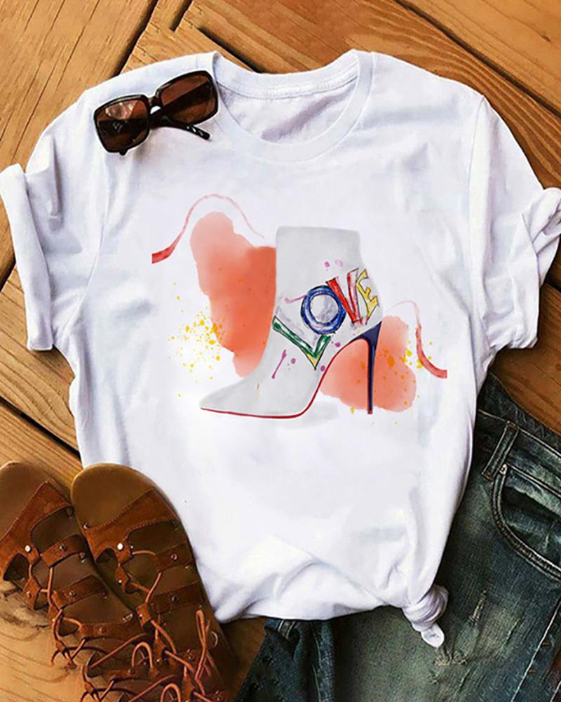 

Letter High Heels Print Round Neck T-Shirt, Style5