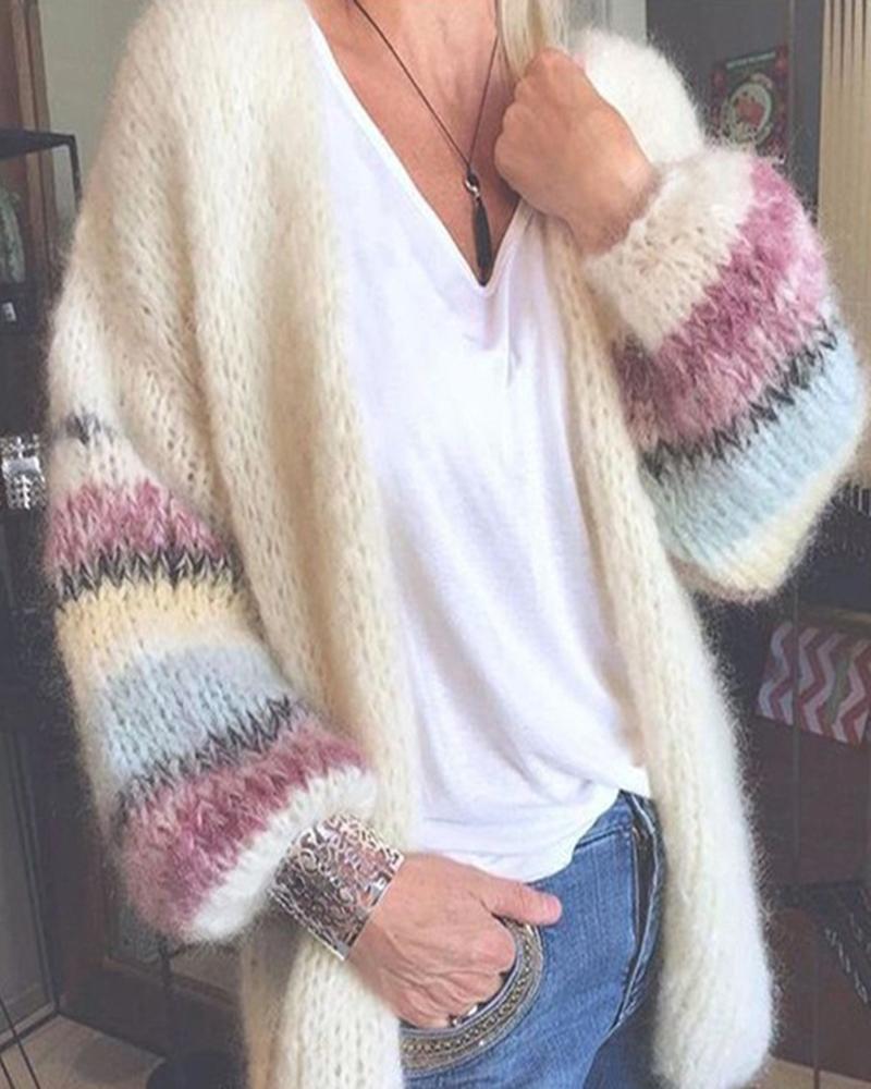 

Knit Colorblock Striped Print Lantern Sleeve Cardigan, Beige