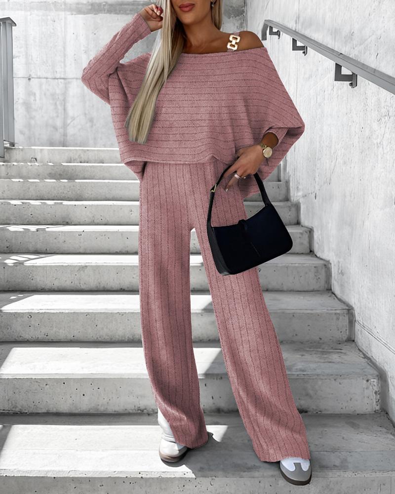 

Ribbed Cold Shoulder Top & Pants Set, Pink