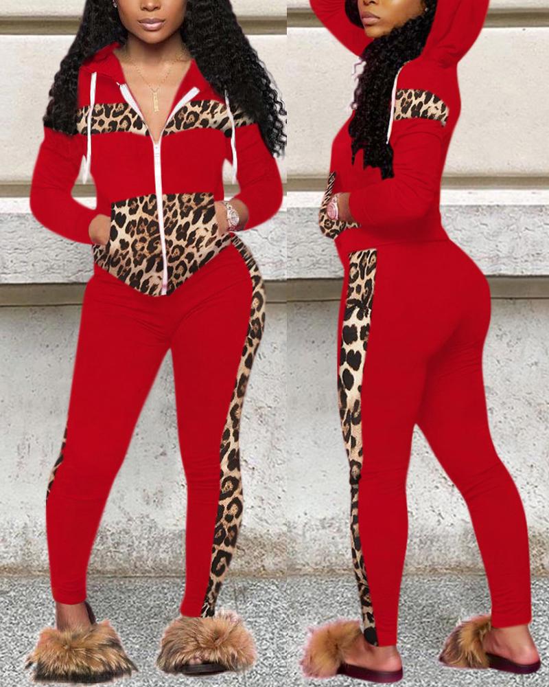 Contrast Leopard Long Sleeve Zip Up Top & Pants Set