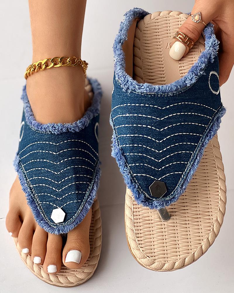 

Quilted Fringe Hem Denim Beach Flip Flops, Blue