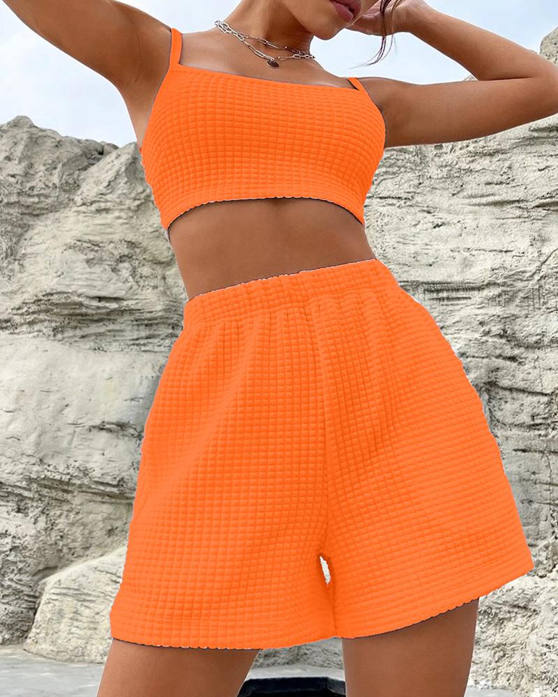 

Square Neck Crop Top & High Waist Shorts Set, Orange