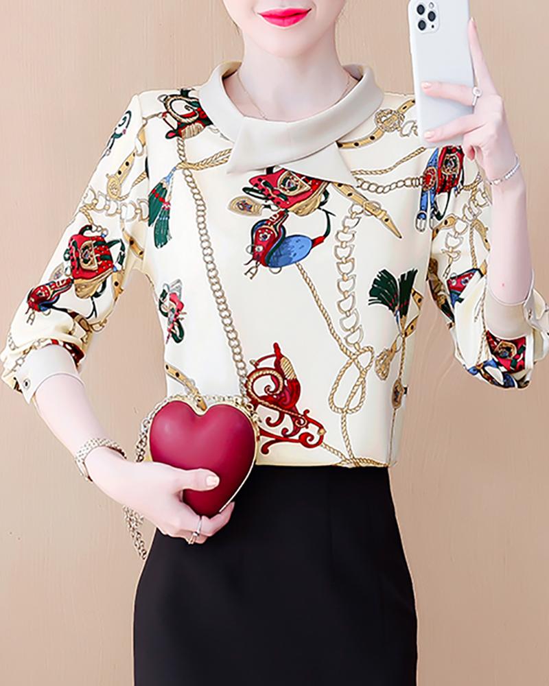 

Long Sleeve Chain Graphic Print Shirt, Apricot