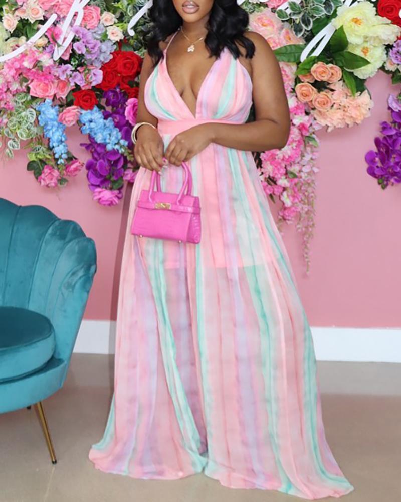 

Spaghetti Strap Plunge Tie Dye Print Maxi Dress, Pink
