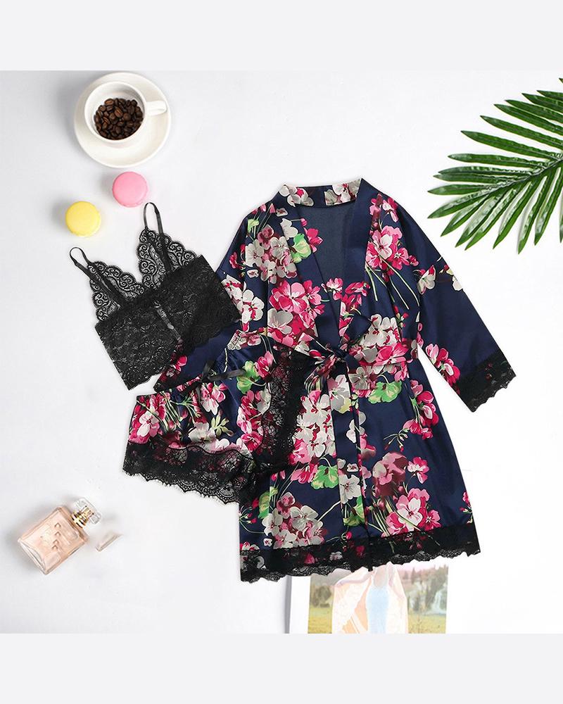 

Floral Print 3-Piece Pajama Set, Black