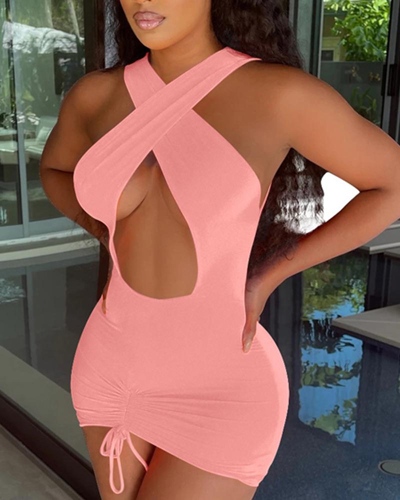 

Crisscross Cutout Drawstring Ruched Bodycon Dress, Pink