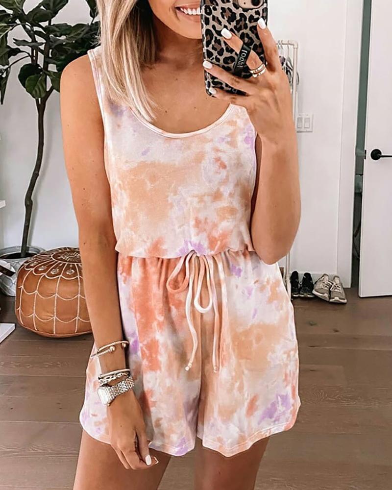 

Sleeveless Tie Dye Print Drawstring Romper, Pink