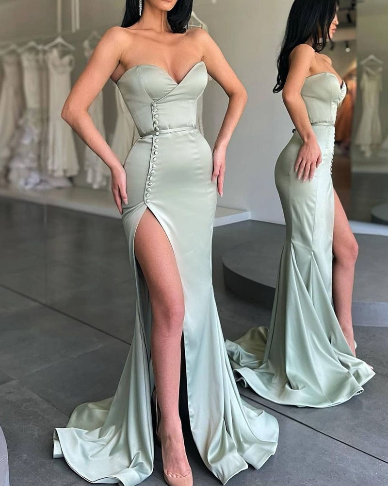 

Satin Bandeau Split Thigh Prom Dress, Style1