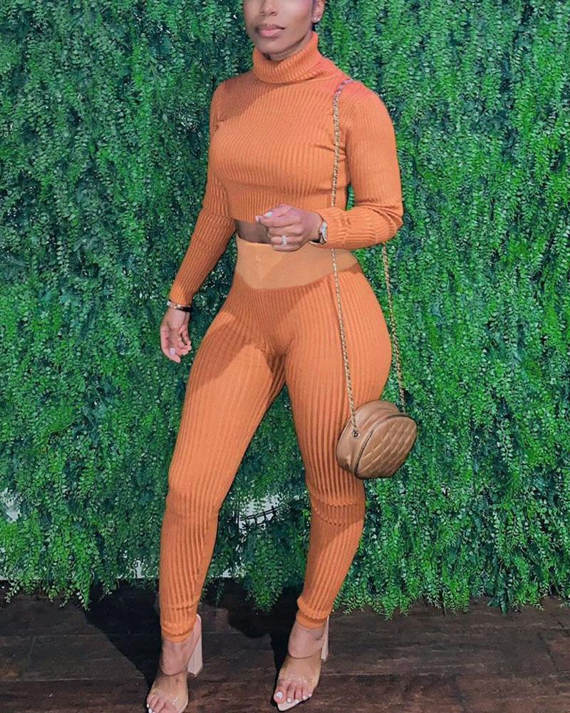

Long Sleeve Turtleneck Crop Knit Top & Pants Set, Orange