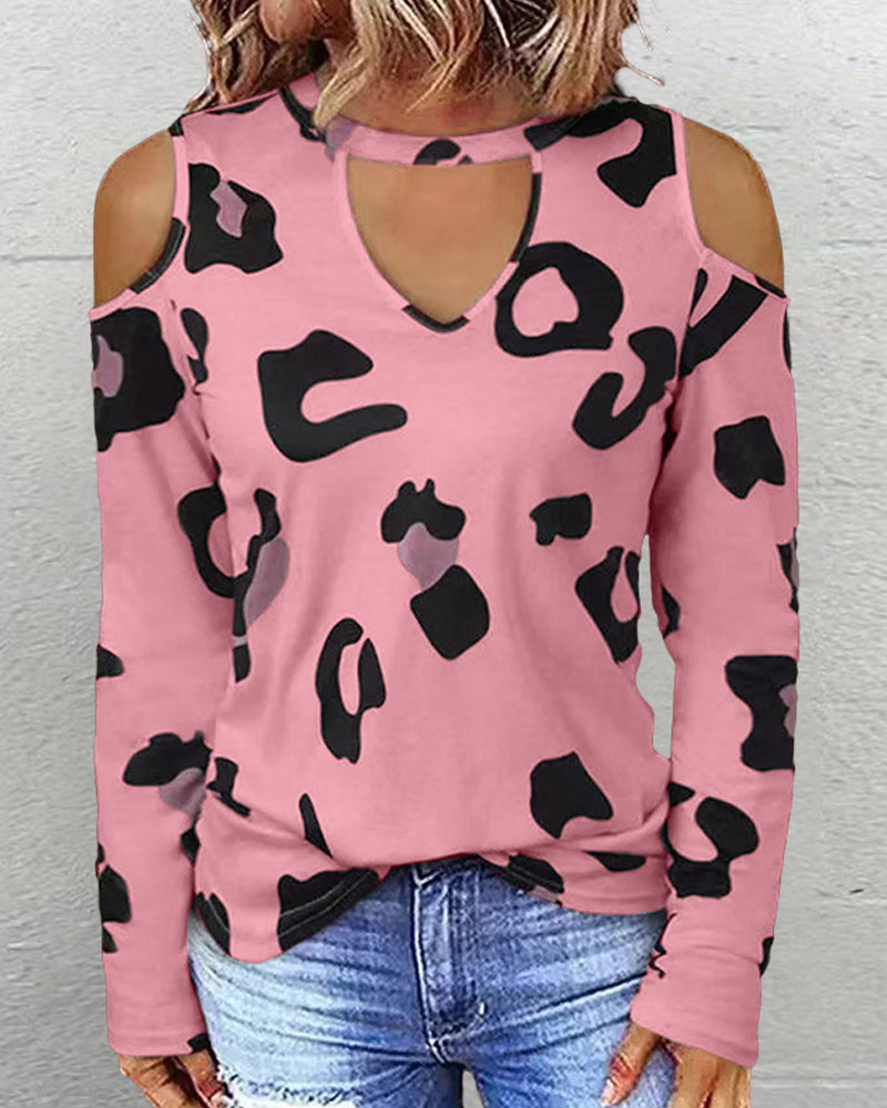 

Leopard Print Cold Shoulder Top, Pink