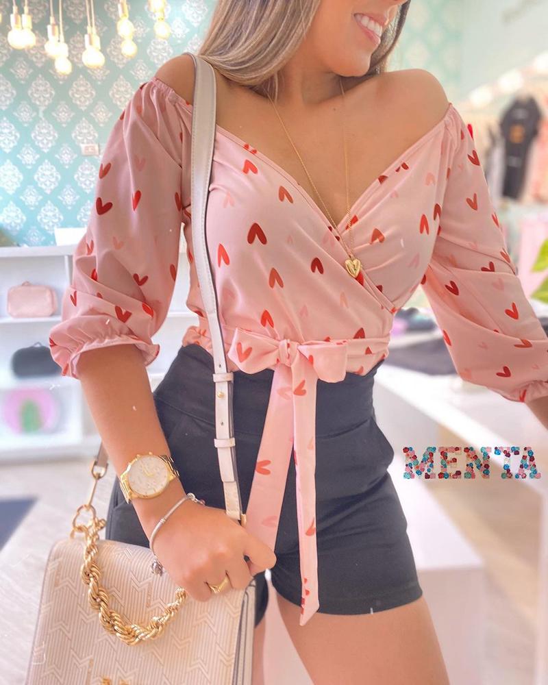 

Heart Print Surplice Long Sleeve Knotted Top, Pink