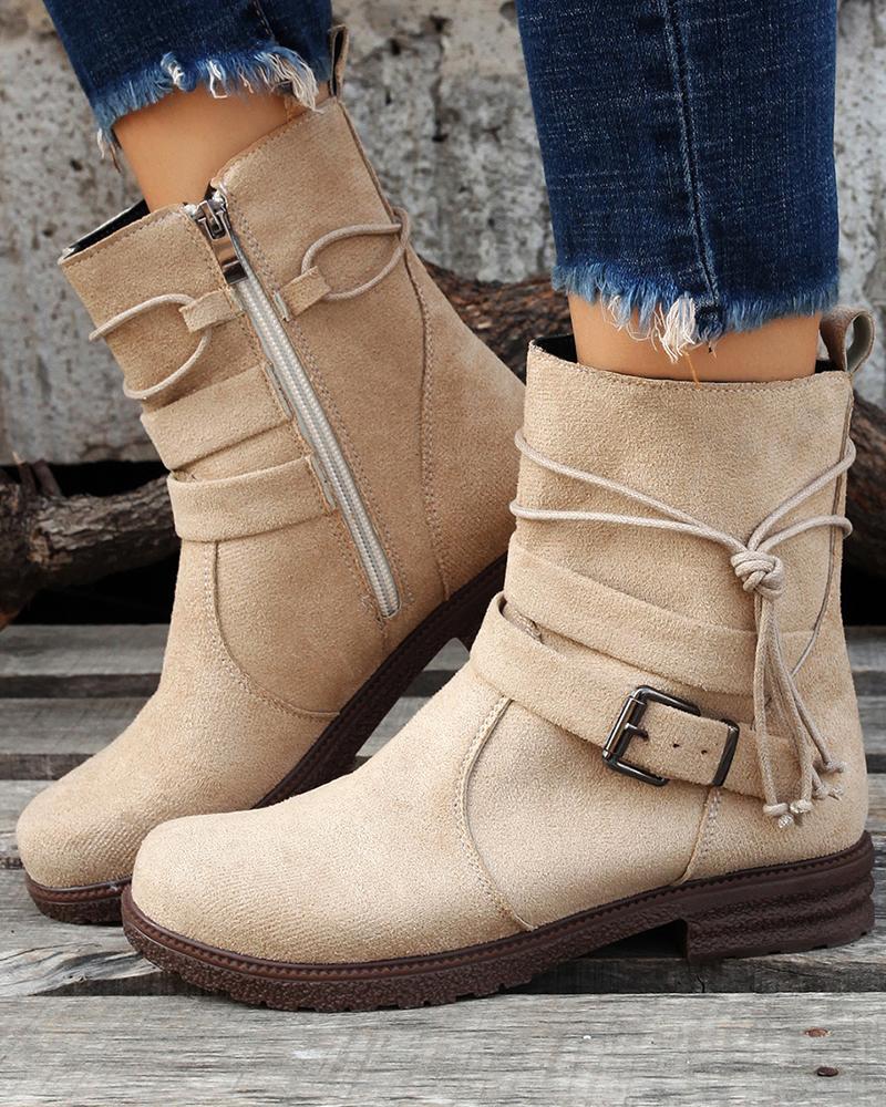 

Side Zip Buckled Tassel Detail Ankle Boots, Khaki
