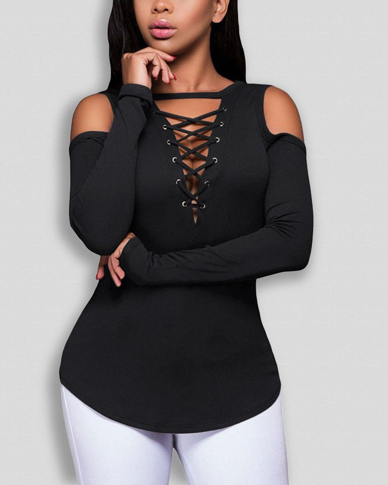 

Cold Shoulder Grommet Eyelet Lace-Up Skinny Top, Black