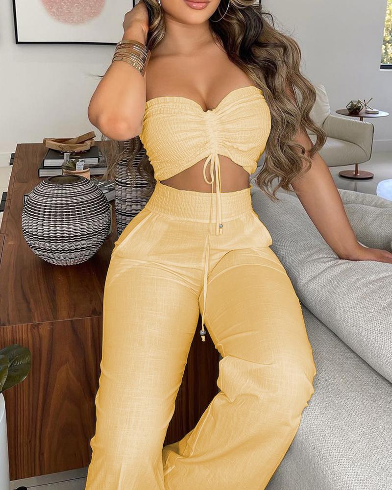 

Drawstring Bandeau Top & Shirred High Waist Pants Sets, Yellow