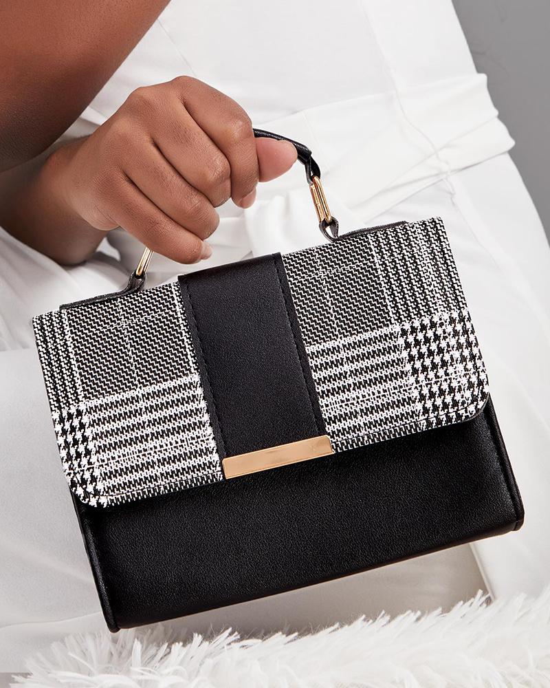

Colorblock Houndstooth Pattern Flap Magnetic Shoulder Bag, Black