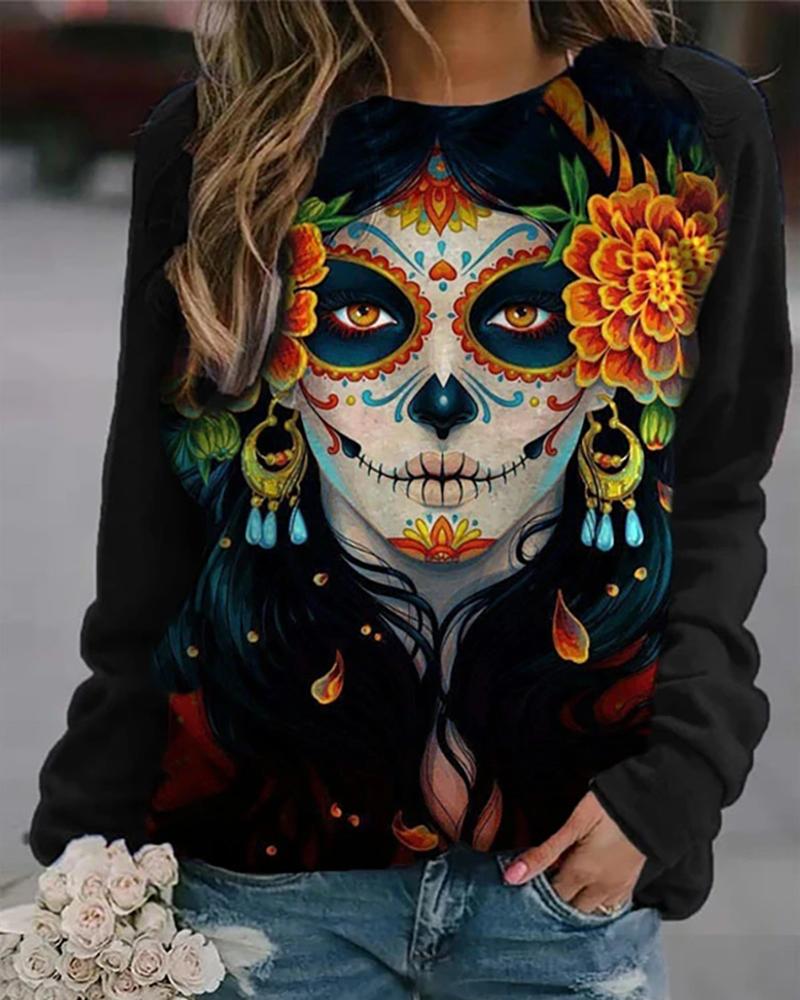 

Halloween Figure Floral Print Casual Sweatshirt, Black